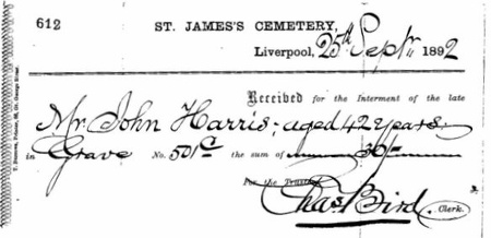 Receipt for Interment of John Harris