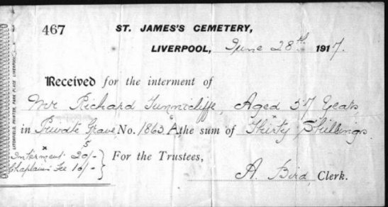 Burial Receipt Richard Tunnicliffe.